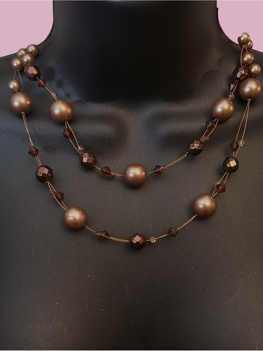 Bronze tone layered floating pearl necklace